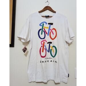 Vintage 90's Y2K Bo Bendixen Danmark Bicycle White Artwork Tee Shirt SZ XXL